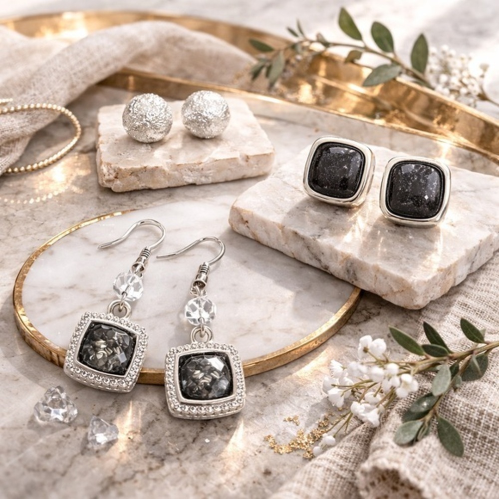 Silver Tone Earring Set – 3 Pair | Studs & Drop Earrings | Modern Minimal #163